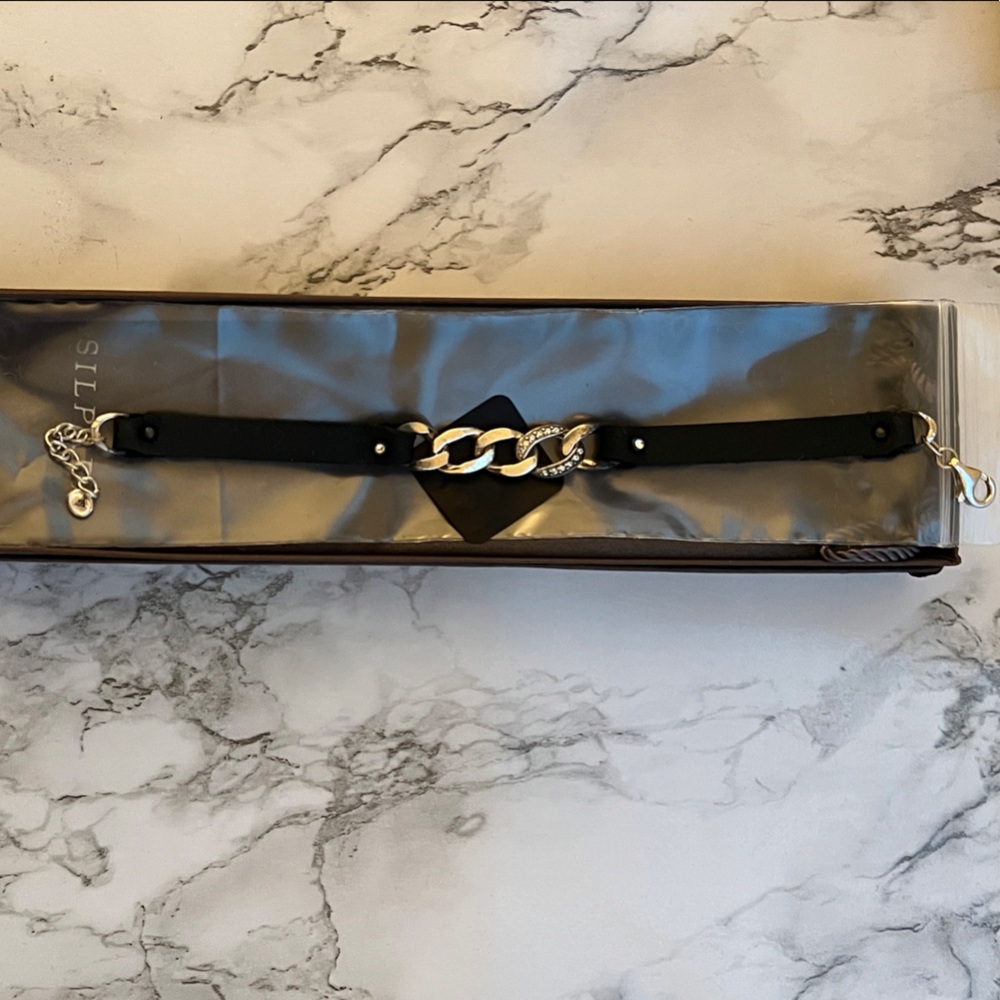 Silpada Black Leather Sterling.925 Silver CZ Chain Bracelet